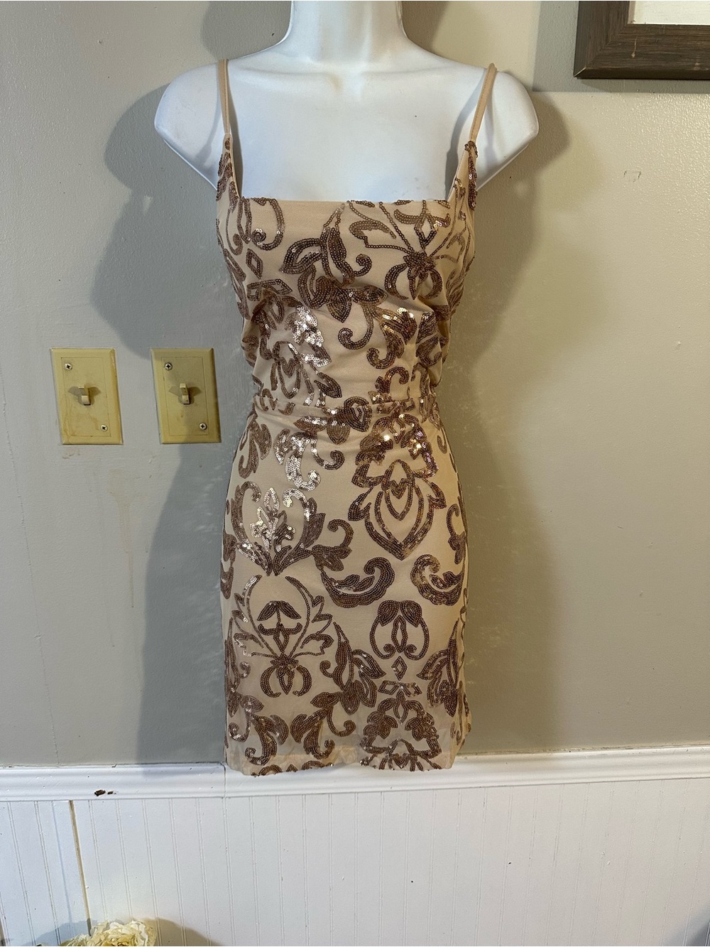 Beige Sequin Patterned Slip Dress